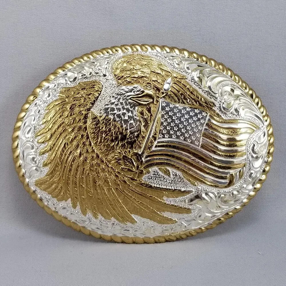 Crumrine Silver Electroplate on Jewelers Bronze Eagle American Flag Belt‎ Buckle